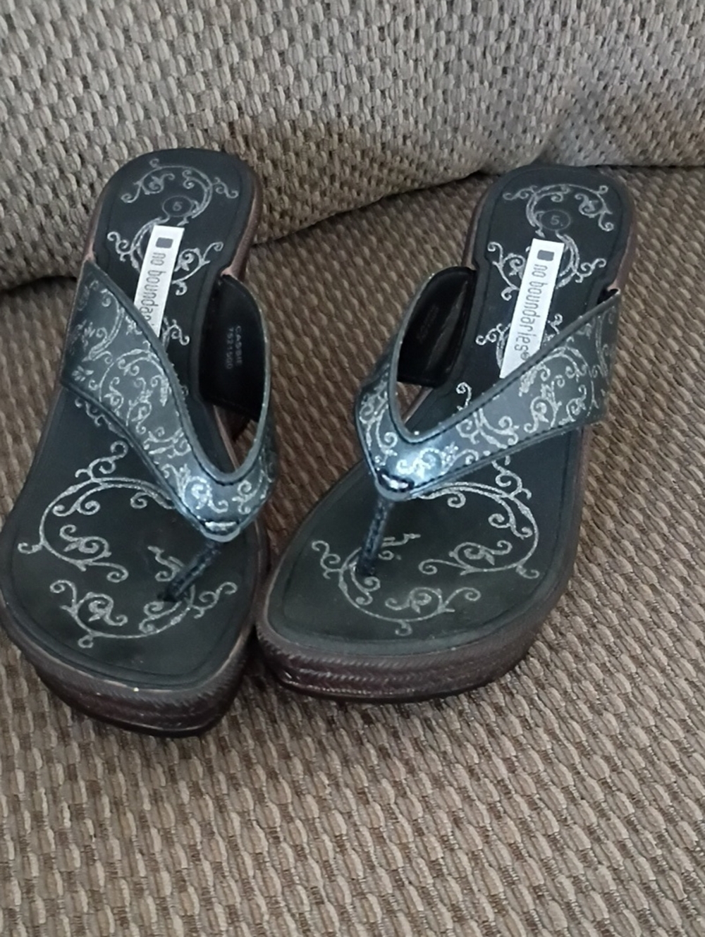 No Boundaries Navy Thong Sandals with Silver Scroll Accents